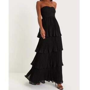 Lulus NWOT Seriously Sensational Black Strapless Flouncy Tiered Maxi Dress XS